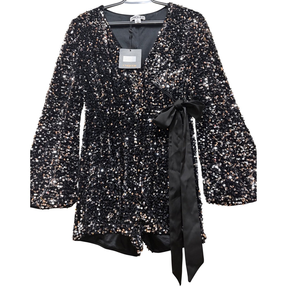 Unique21 Black Sequin Romper Long‎ Sleeve V-Neck Satin Bow UPSYC202 Womens Small